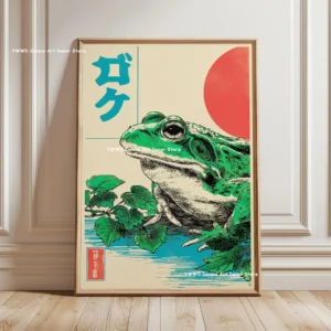 Plakat japoński z żabą i łodzią - mid-century Głęboka zielona
