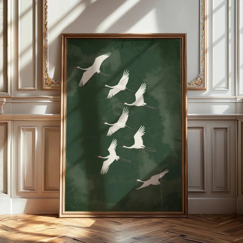 Plakat japoński żuraw zen orientalny Jasnozielony
