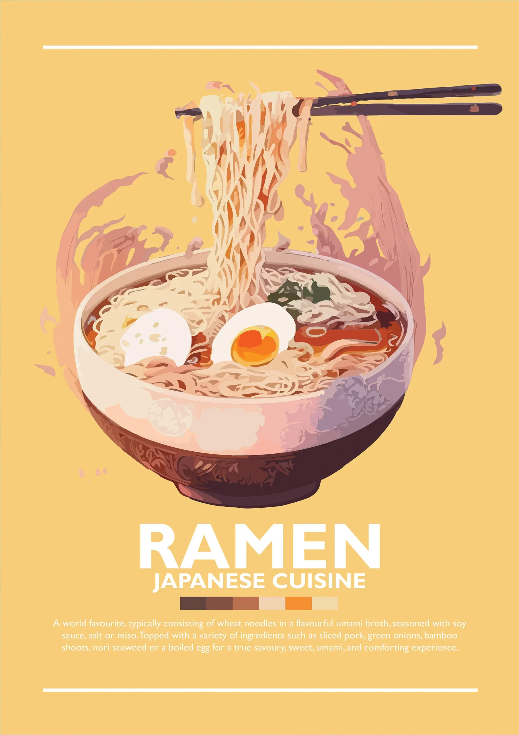Plakat japońskie jedzenie - ramen, sushi i yakitori Jasnożółty