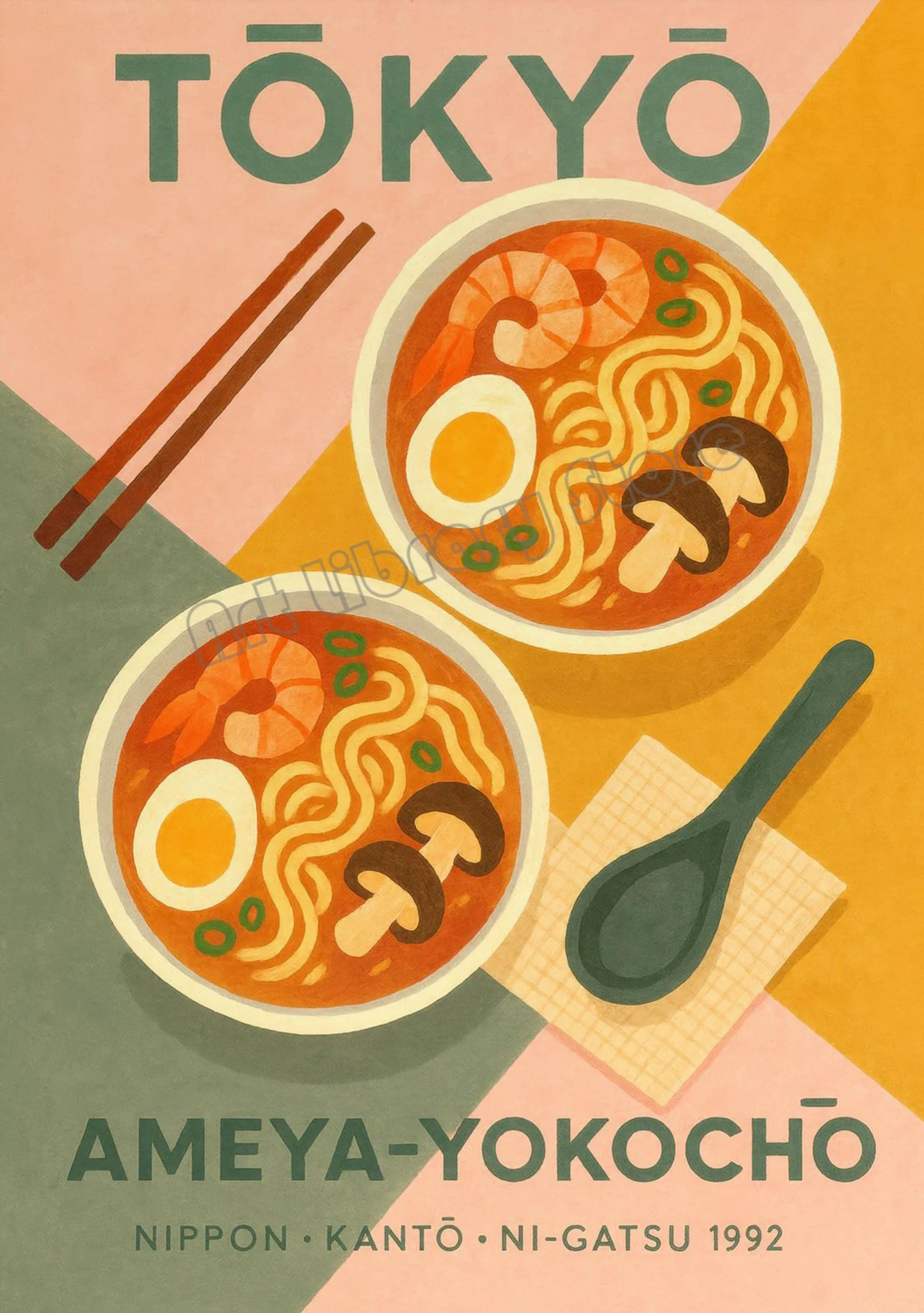 Plakat japońskie jedzenie ramen i sushi Fioletowy