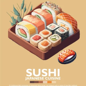 Plakat japońskie jedzenie - ramen, sushi i yakitori Niebieski