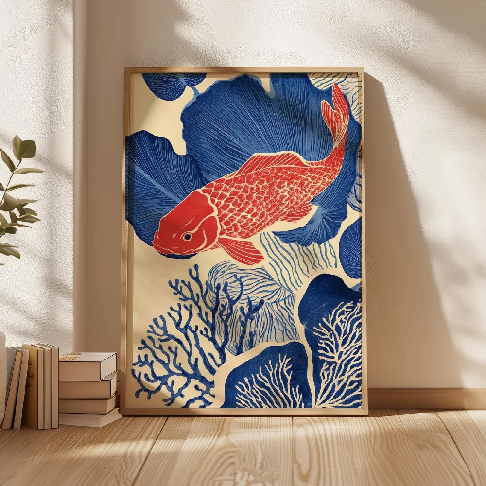 Plakat z japońskimi rybami Koi Brązowy
