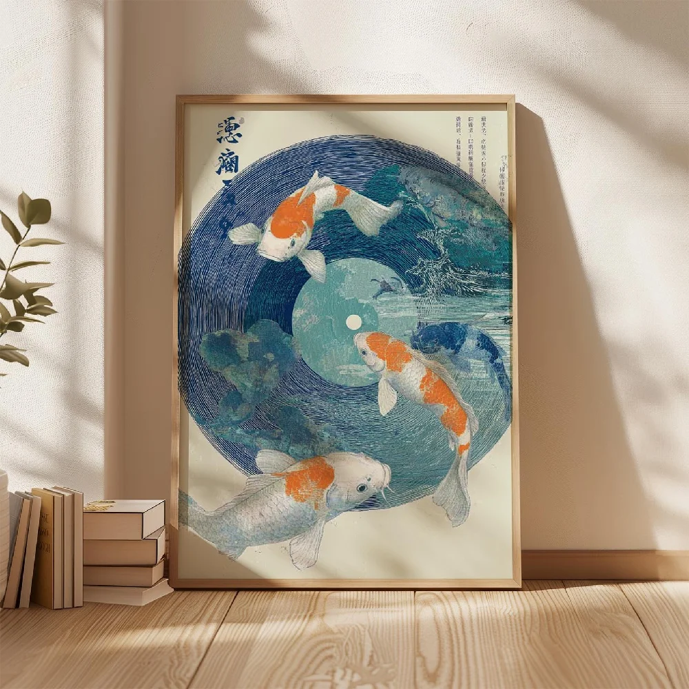 Plakat z japońskimi rybami Koi Khaki