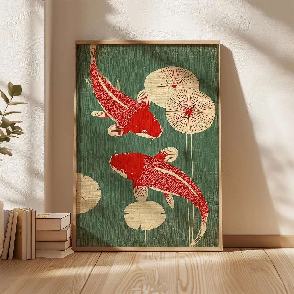 Plakat z japońskimi rybami Koi Fuksja