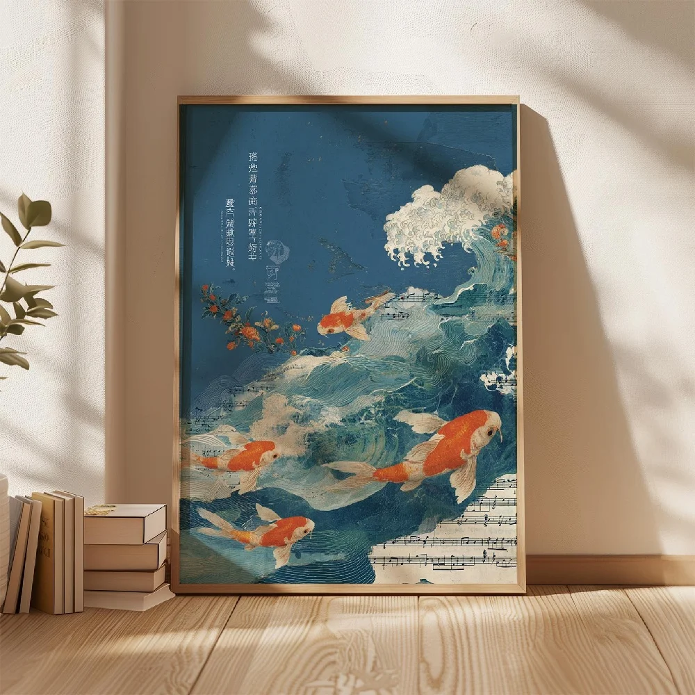 Plakat z japońskimi rybami Koi Turkusowy