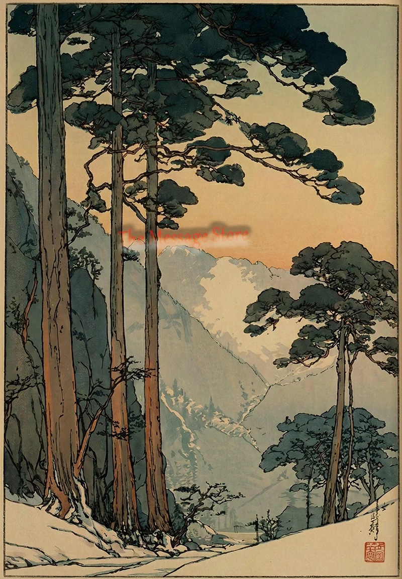Plakat japońskie sosny i bambus tuszem vintage Czerwony