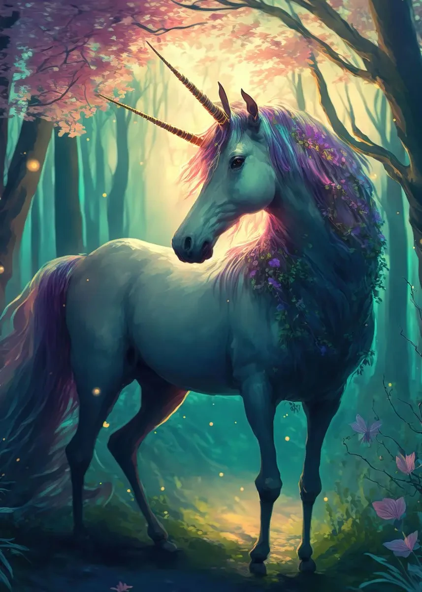 Jednorożec i zamek - bajkowy plakat fantasy Brązowy