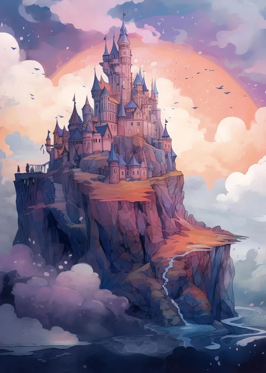 Jednorożec i zamek - bajkowy plakat fantasy Fioletowy/фиолетовый
