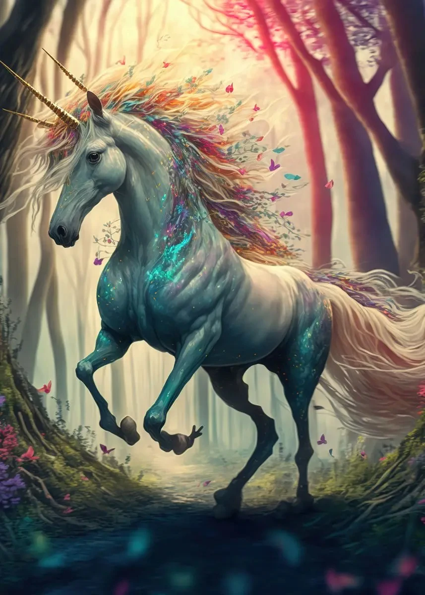 Jednorożec i zamek - bajkowy plakat fantasy Jasny