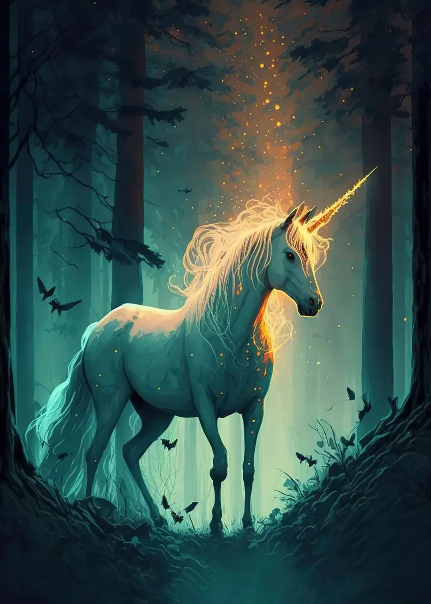 Jednorożec i zamek - bajkowy plakat fantasy Pomarańczowy
