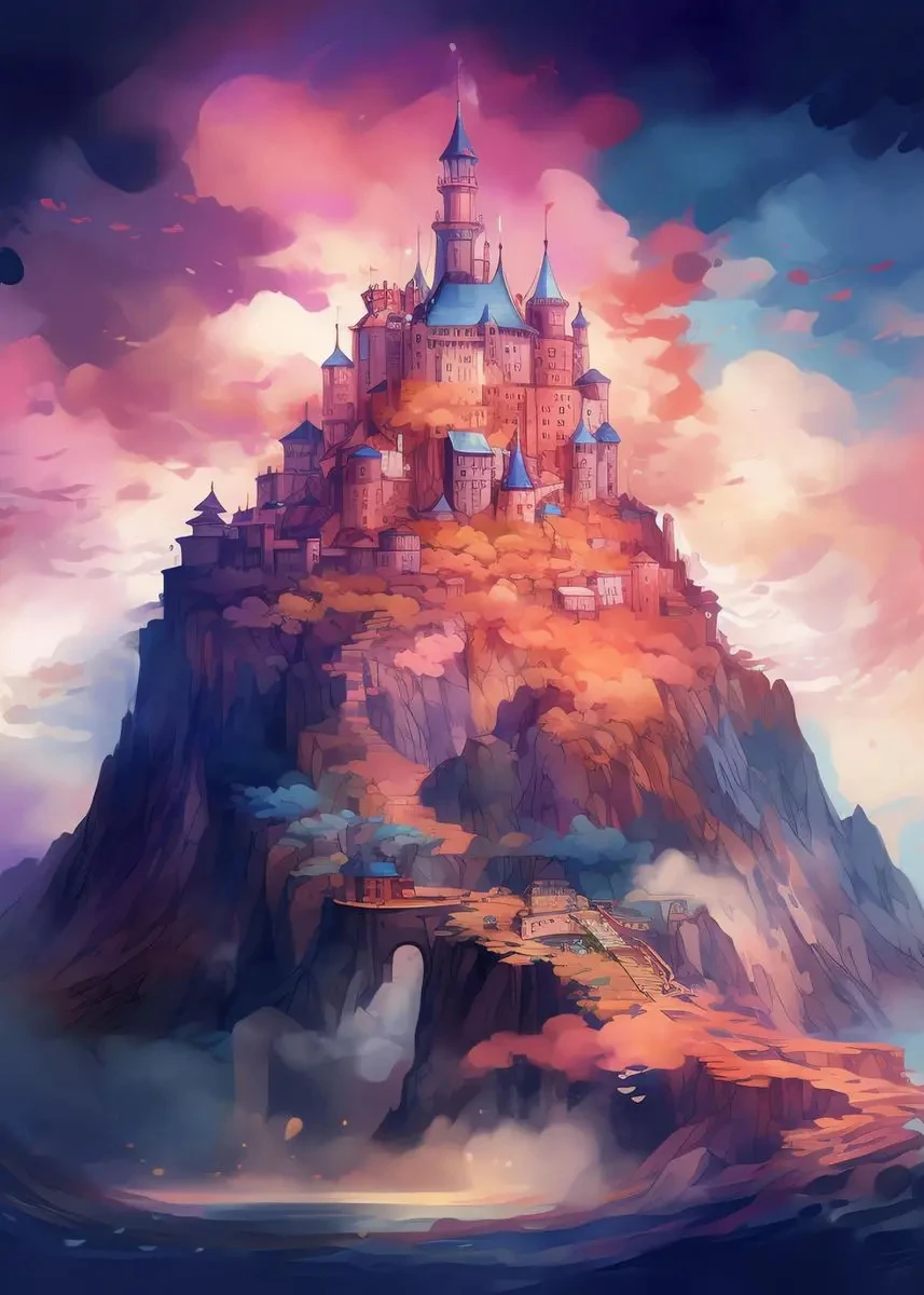 Jednorożec i zamek - bajkowy plakat fantasy śliwka