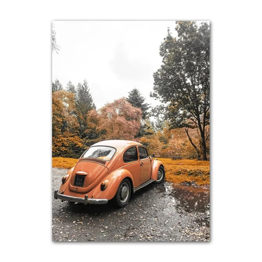 Plakat jesienny z liśćmi klonu i retro autem Jasnożółty