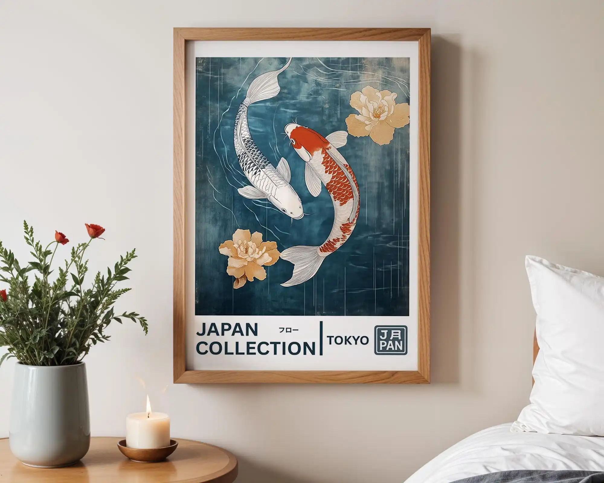 Plakat karpie koi - japońska grafika minimalistyczna Granatowy
