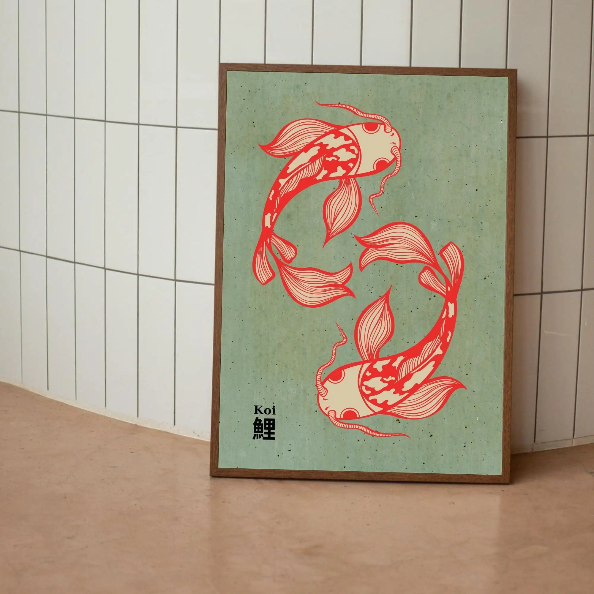Plakat karpie koi - japońska grafika minimalistyczna żółty