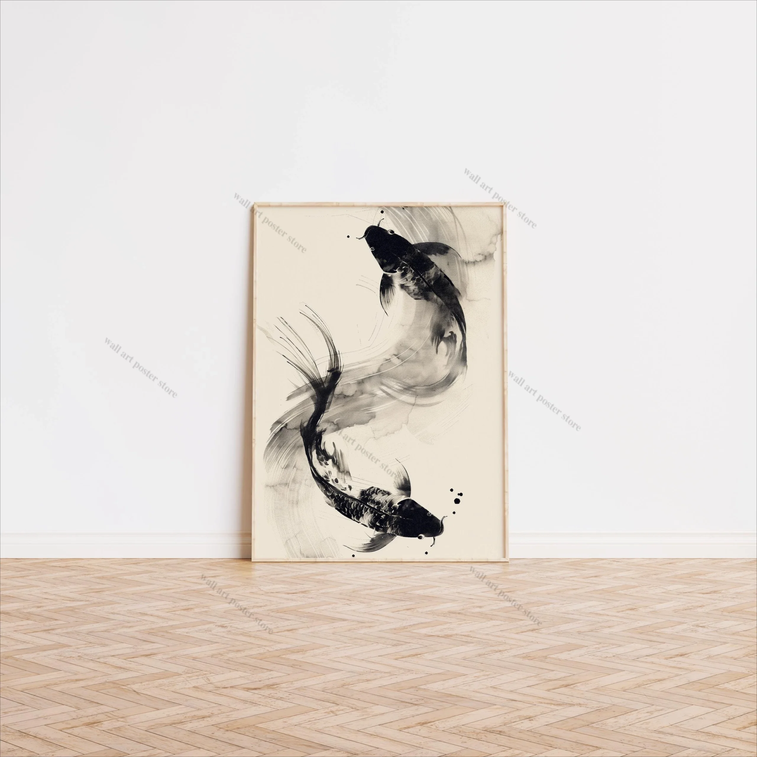 Karpie koi - japoński plakat w stylu zen Ciemny szary