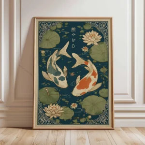 Karpie koi - japoński plakat w stylu zen Głęboki niebieski