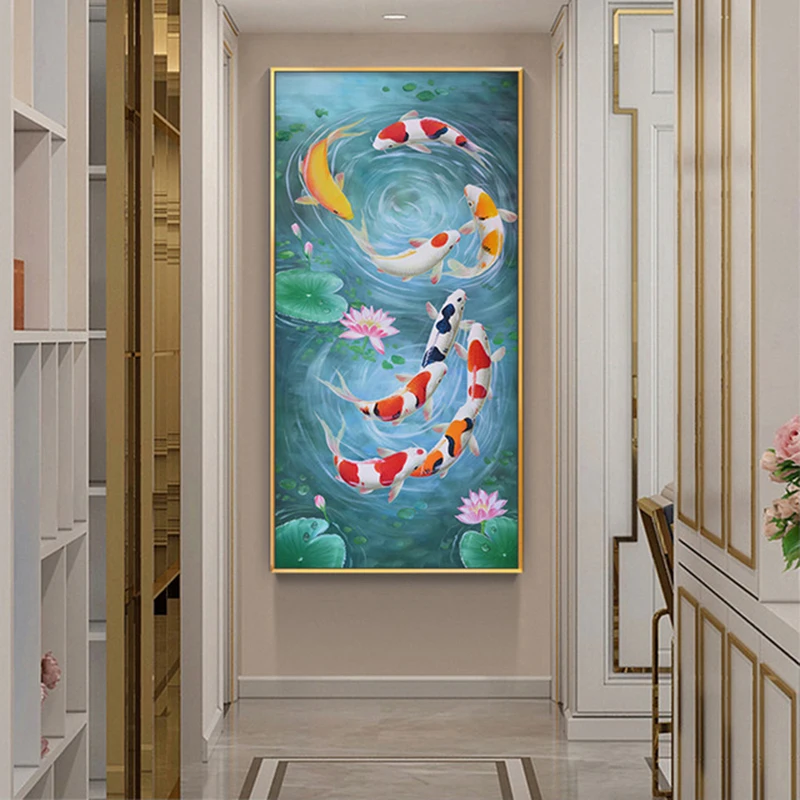 Karpie koi i lotos - plakat feng shui Niebieski