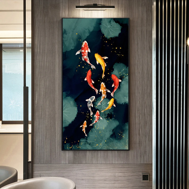 Karpie koi i lotos - plakat feng shui Zielony