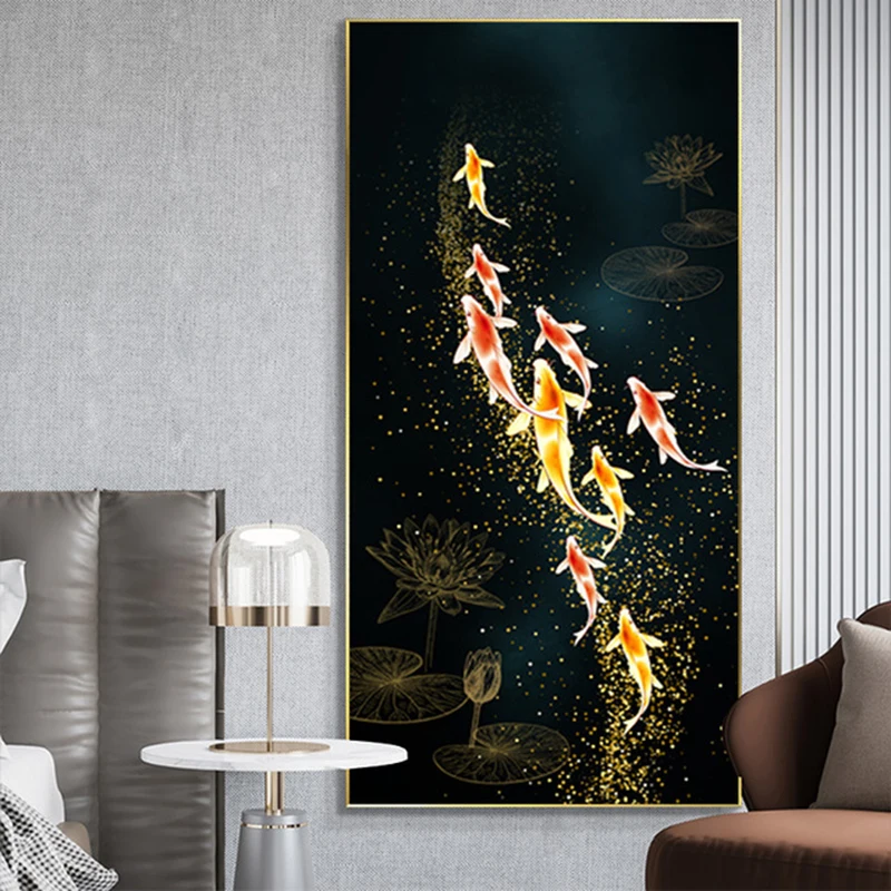 Karpie koi i lotos - plakat feng shui żółty