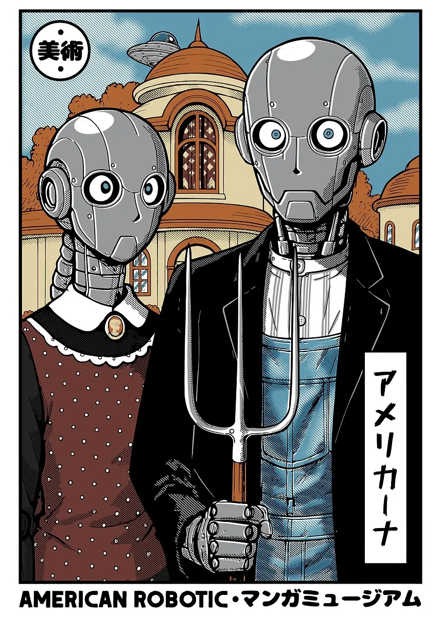 Plakat kawaii z ramenem i robotem Niebieski