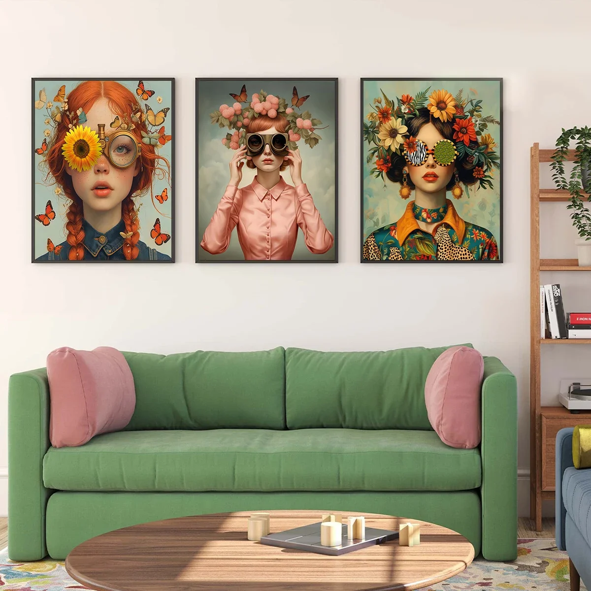Kobieta w okularach z kwiatami - zestaw 3 plakatów boho Czarny