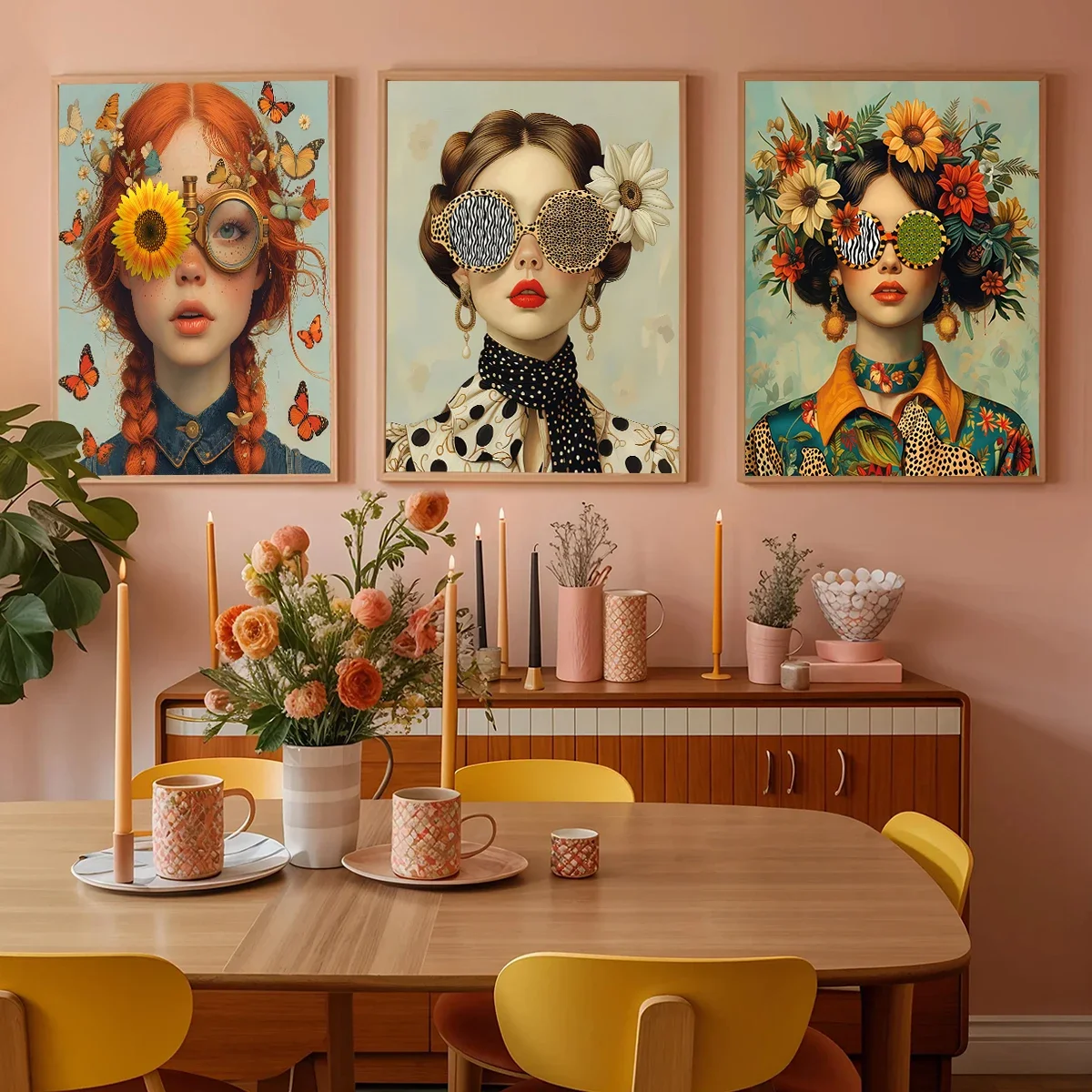 Kobieta w okularach z kwiatami - zestaw 3 plakatów boho Fioletowy/фиолетовый