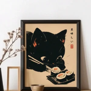 Plakat kot jedzący ramen - śmieszna ilustracja vintage Biały