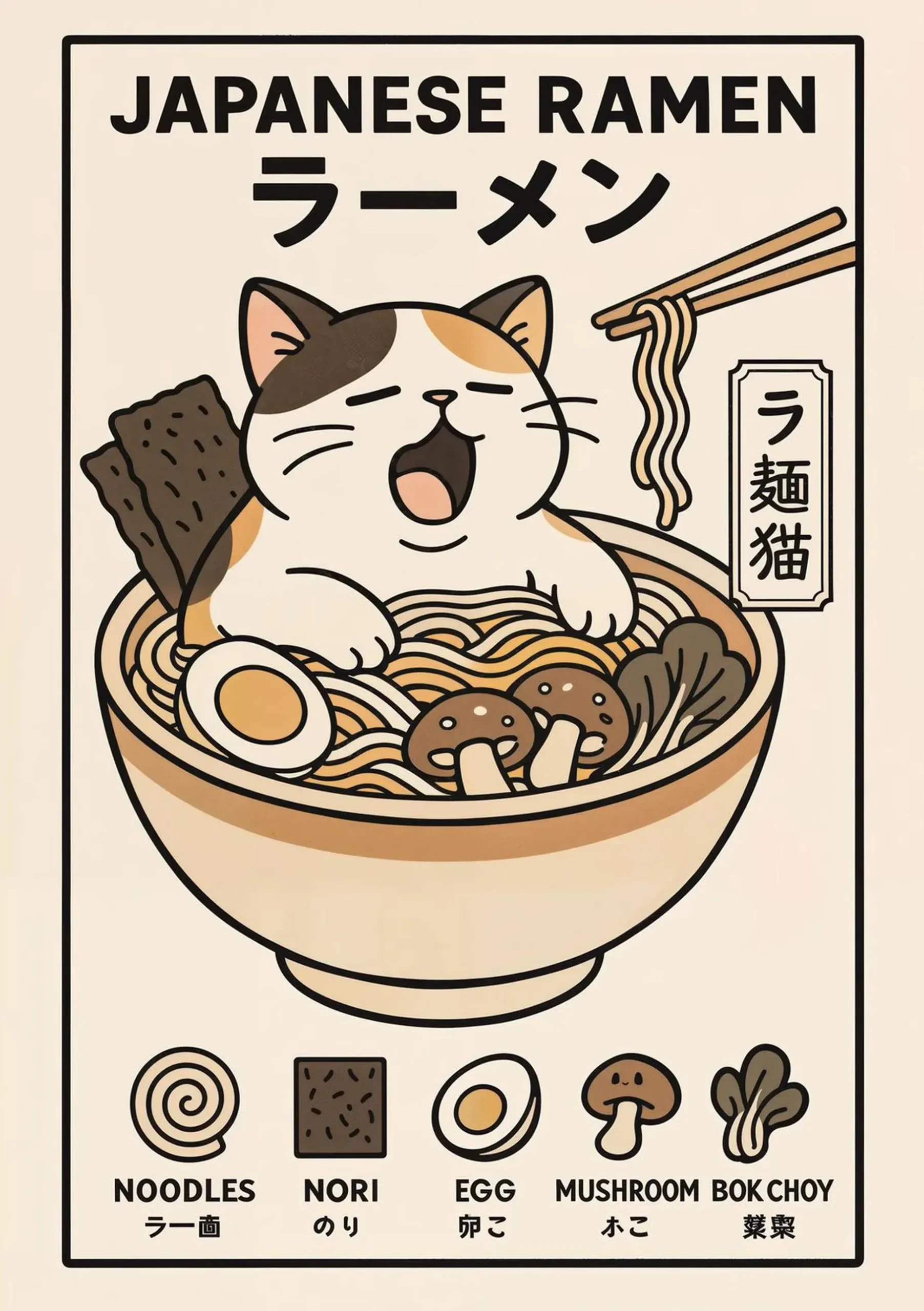 Kot Maneki Neko z ramenem - plakat japoński Burgundia