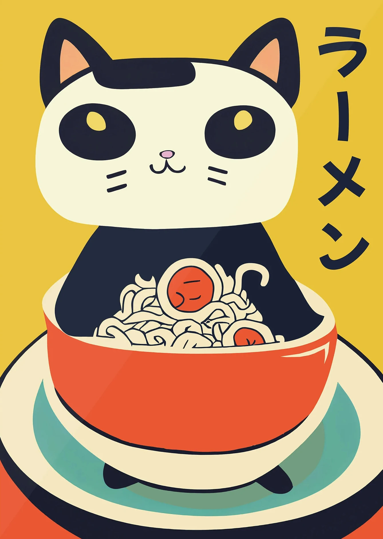 Kot Maneki Neko z ramenem - plakat japoński Czarny