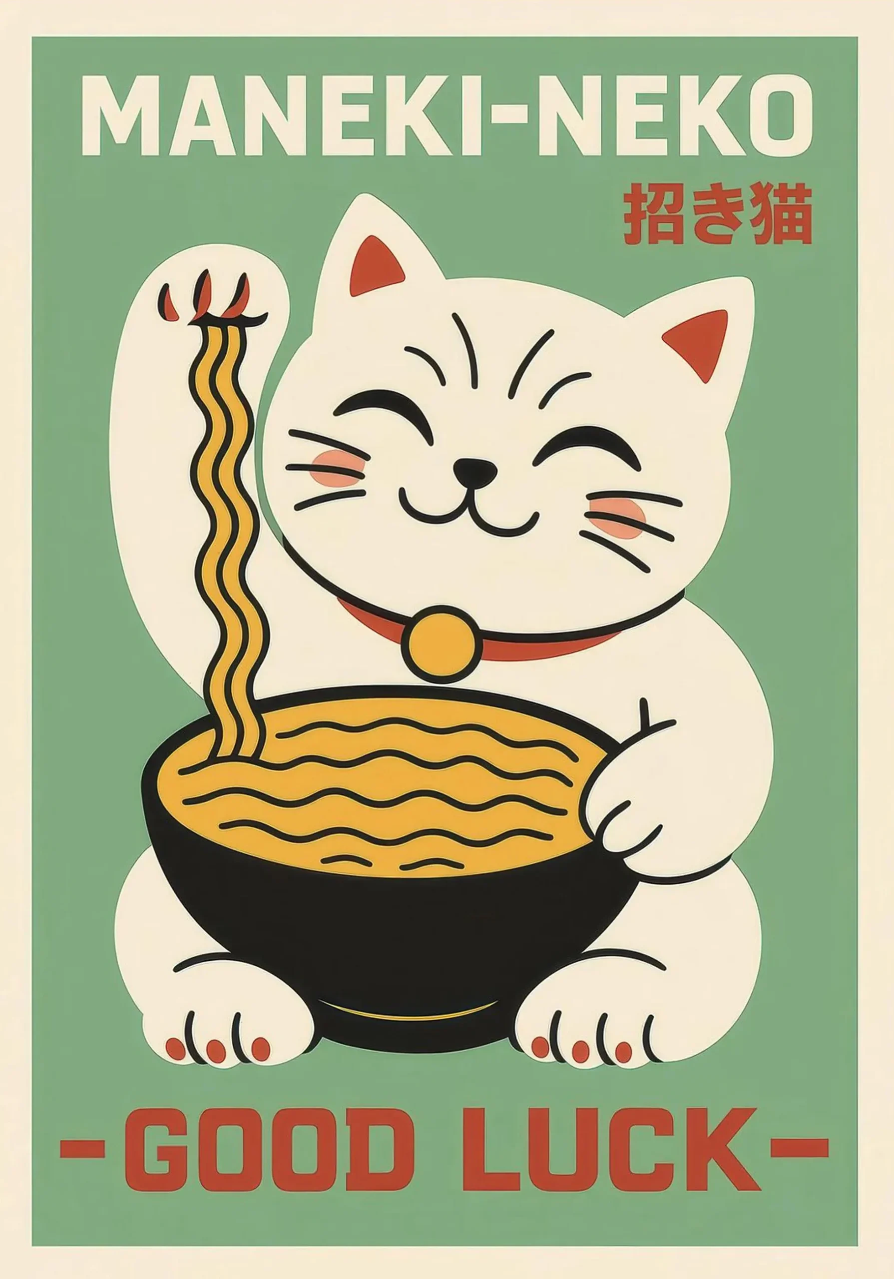 Kot Maneki Neko z ramenem - plakat japoński Czerwony