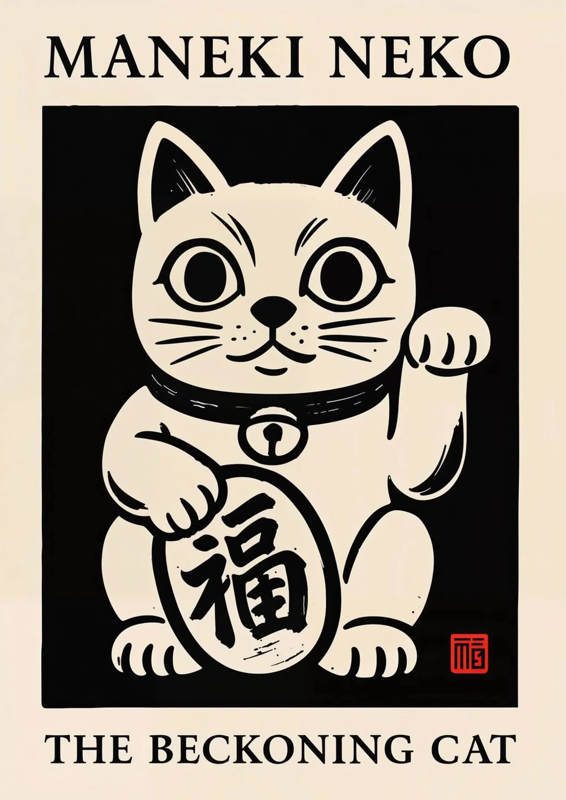 Kot Maneki Neko z ramenem - plakat japoński Jasnoszary