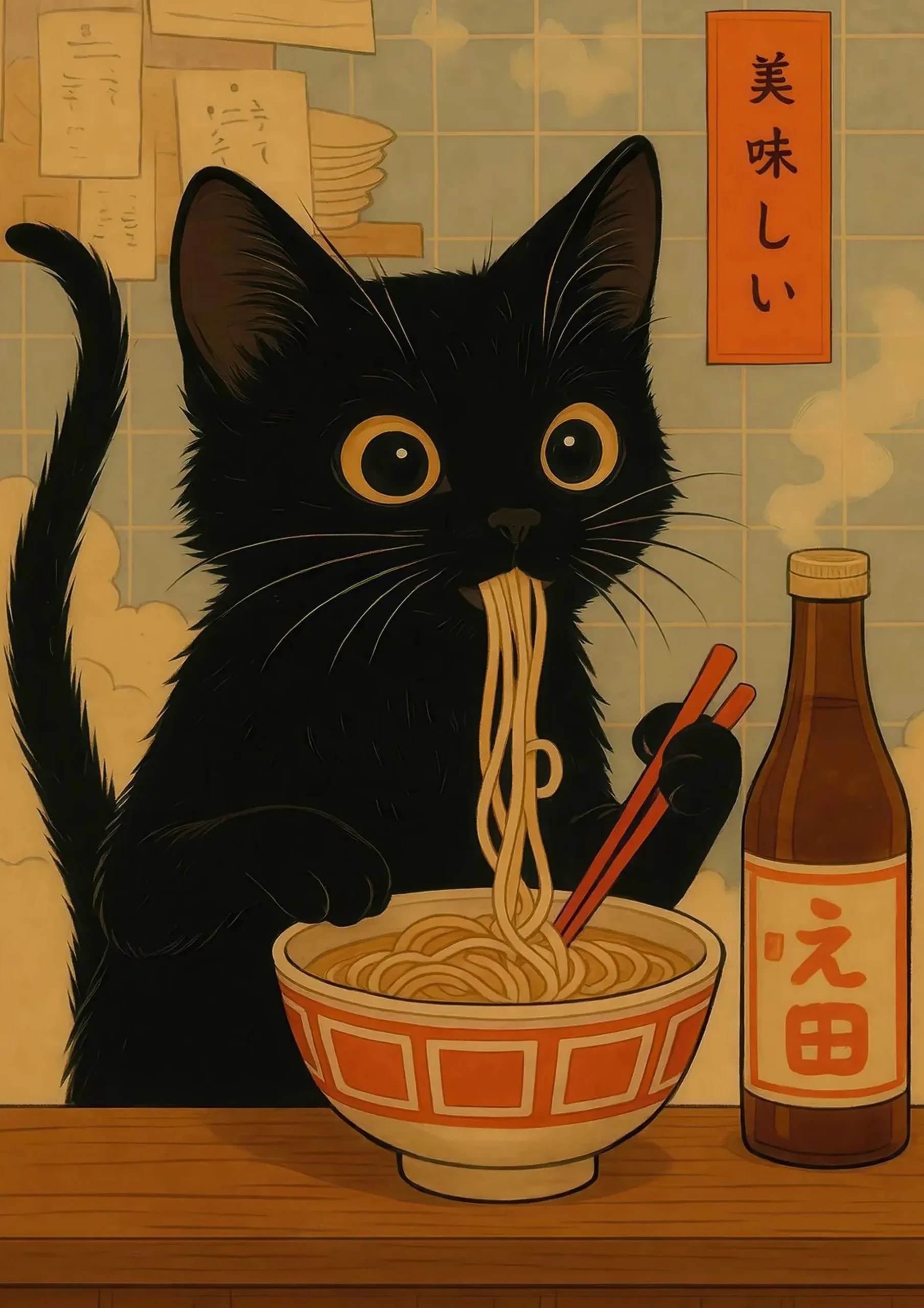 Kot Maneki Neko z ramenem - plakat japoński Zielony