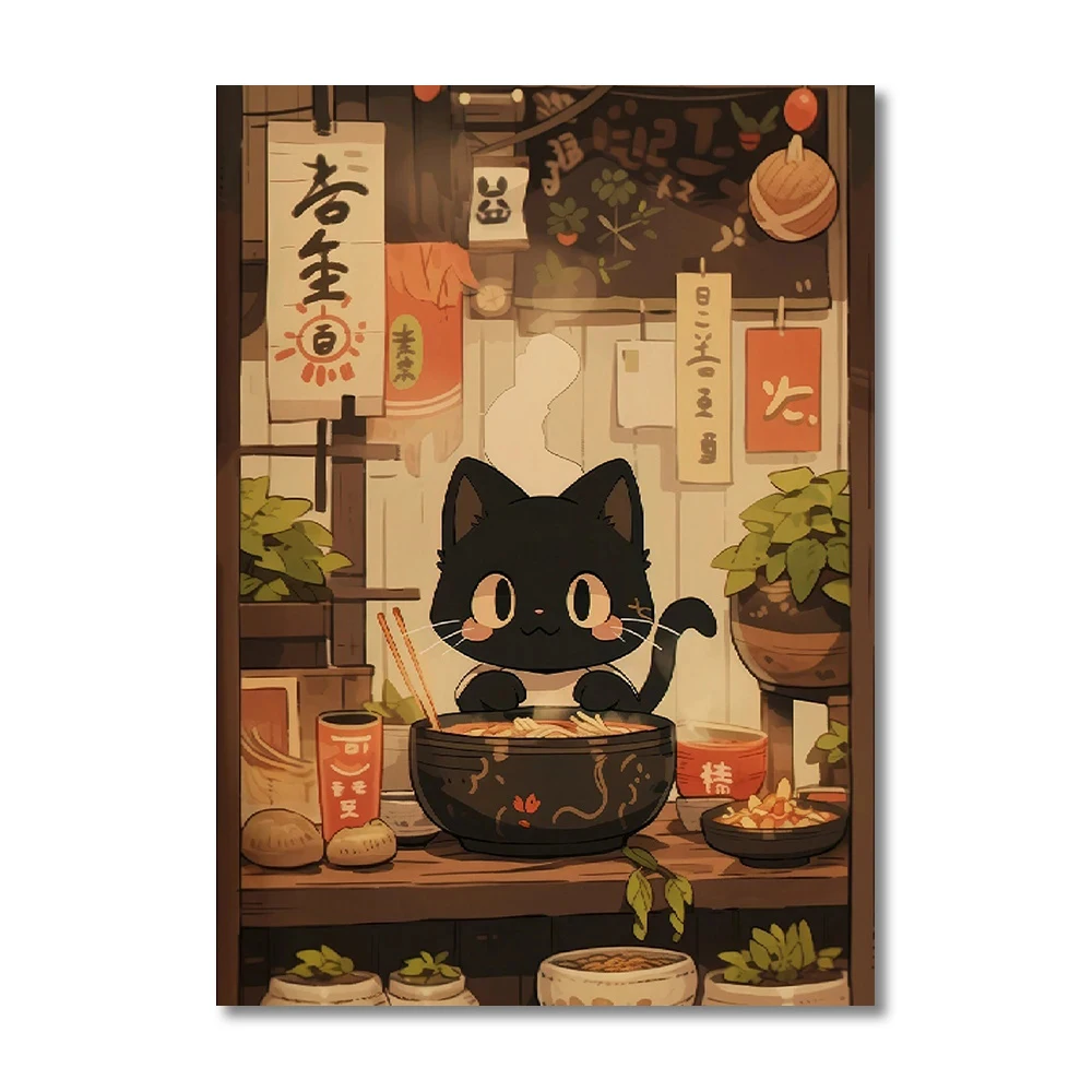 Plakat kot ramen kawaii do kuchni Jasnożółty
