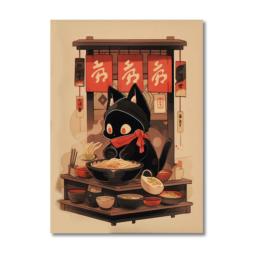 Plakat kot ramen kawaii do kuchni Jasny