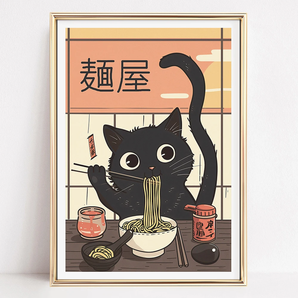 Plakat kot ramen kawaii do kuchni Niebieski