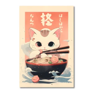 Plakat kot ramen kawaii do kuchni Różowy