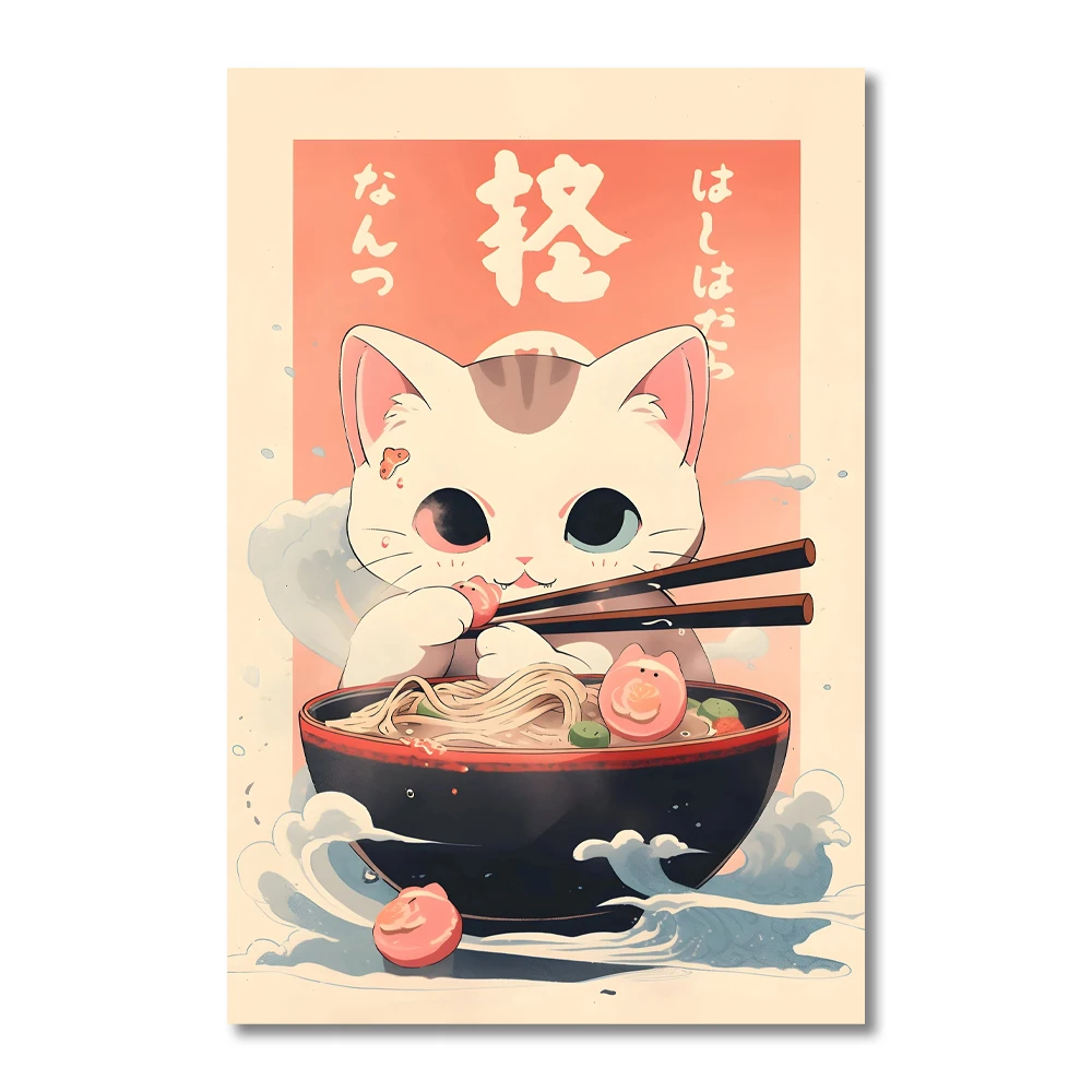 Plakat kot ramen kawaii do kuchni Różowy