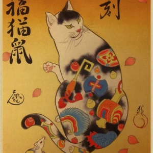 Plakat retro - japoński kot samuraj z tatuazem Oliwkowy