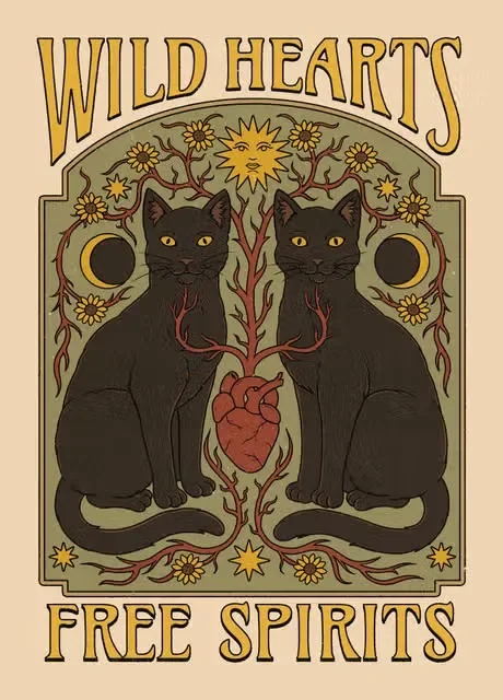 Plakat Kot Tarot Słońce i Księżyc Vintage Ciemny szary