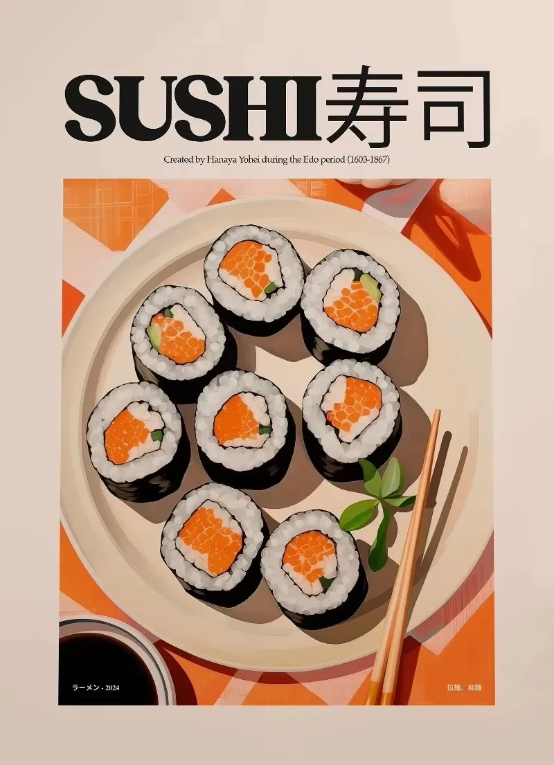 Plakat kuchenny kawa sushi ramen Jasnoszary