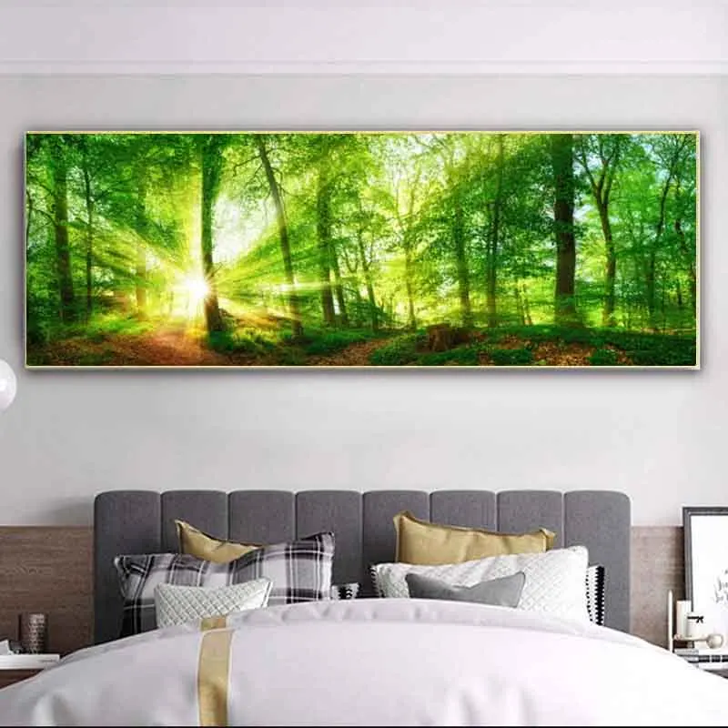 Plakat las w słońcu zielono-żółty krajobraz Wielo