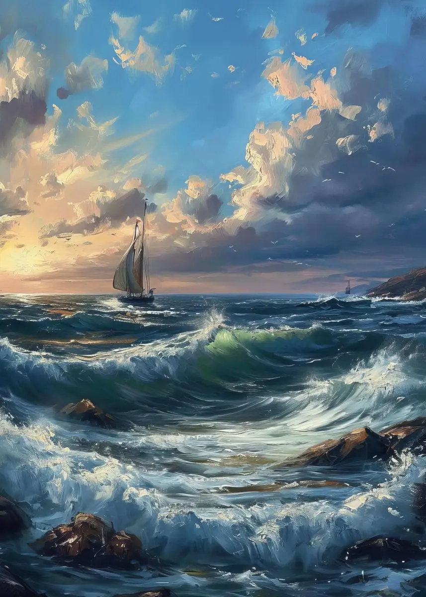 Plakat z latarnią morską i falami oceanu Fioletowy