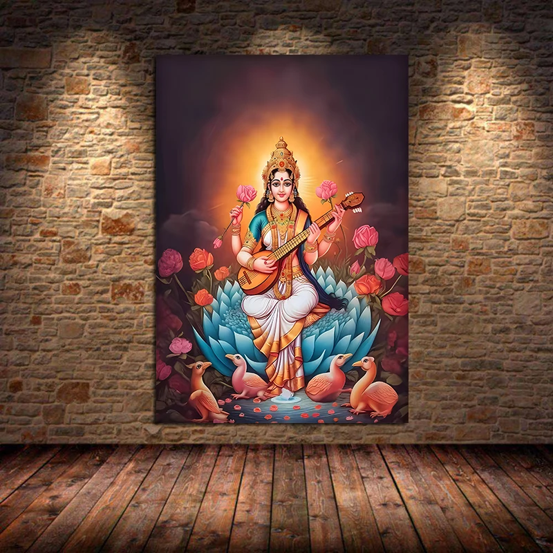 Plakat z boginią Saraswati i medytacją Fioletowy