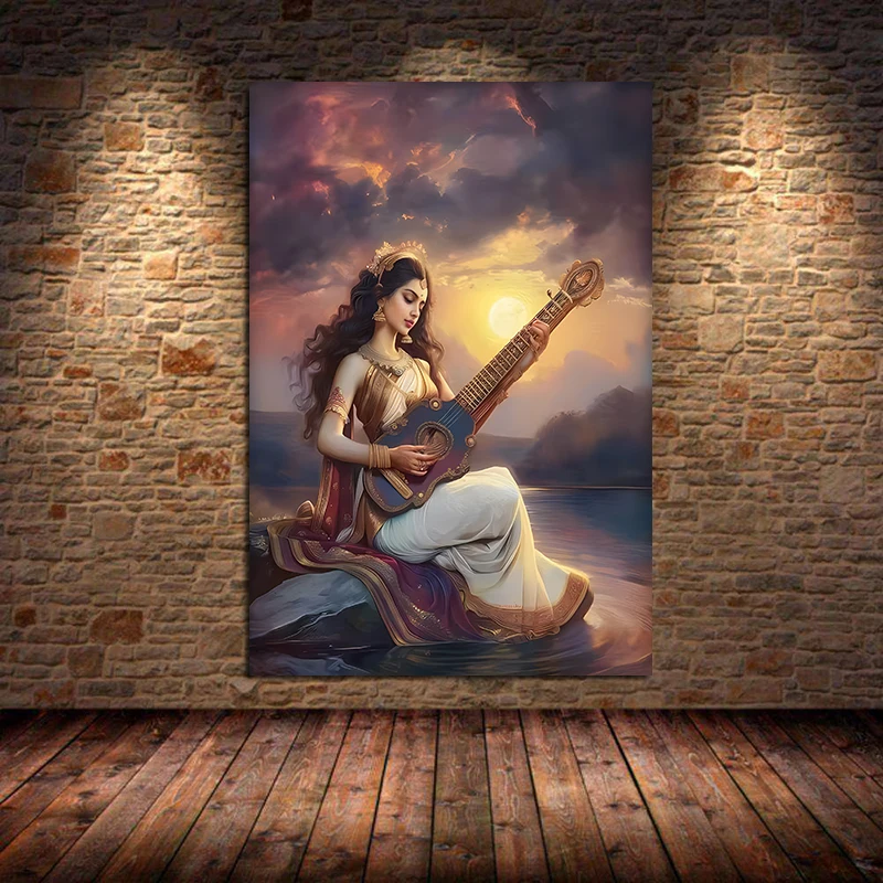 Plakat z boginią Saraswati i medytacją Granatowy