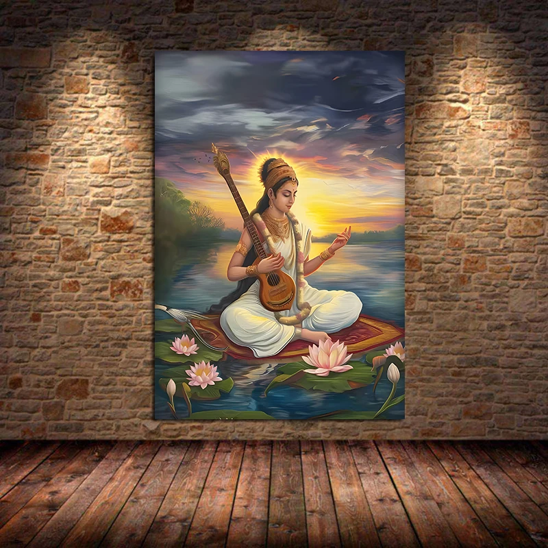 Plakat z boginią Saraswati i medytacją Niebieski