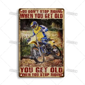 Plakat metalowy motocykl wyścigowy w stylu vintage Czerwona róża