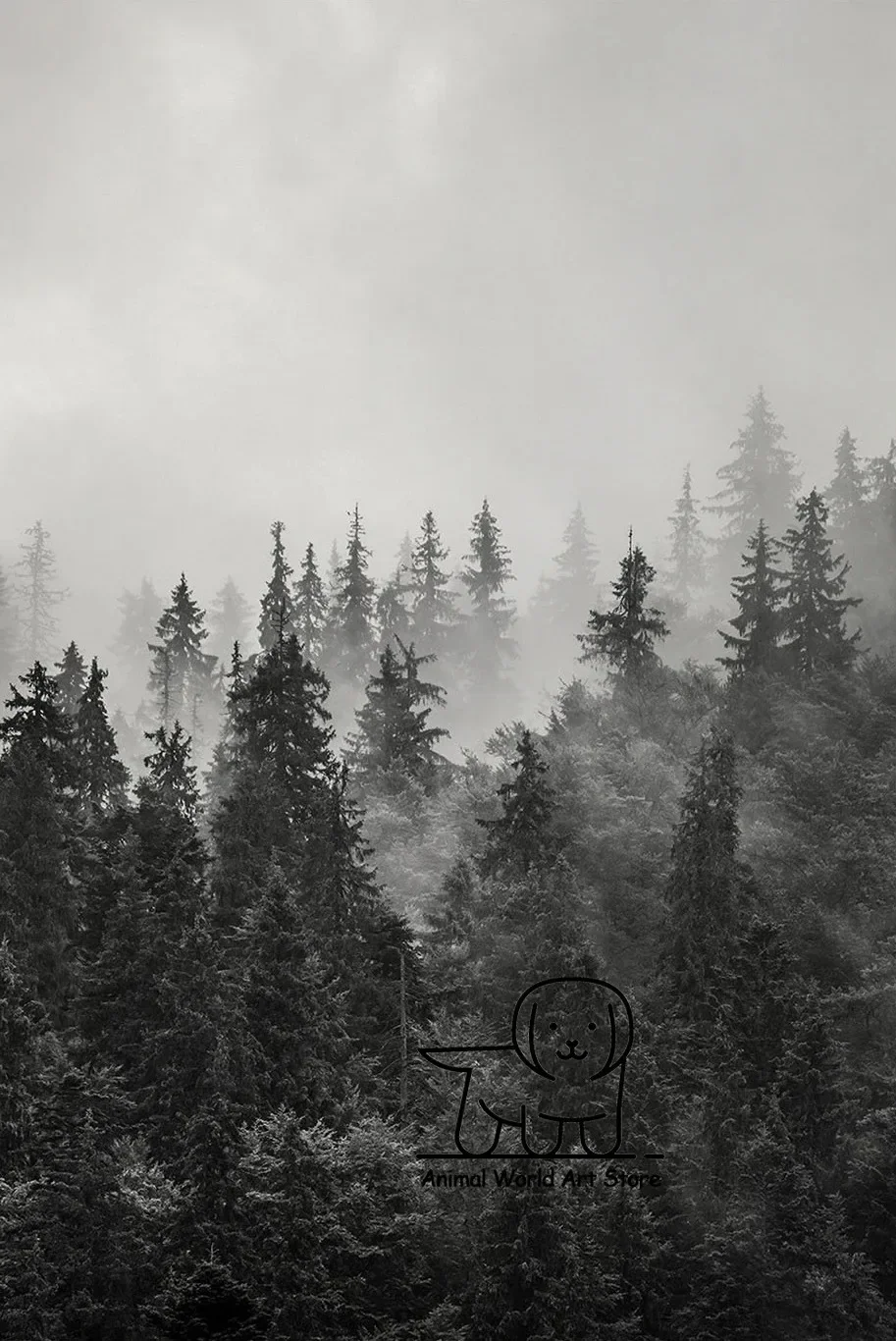 Mglisty las sosnowy w górach - plakat czarno-biały Czerwony