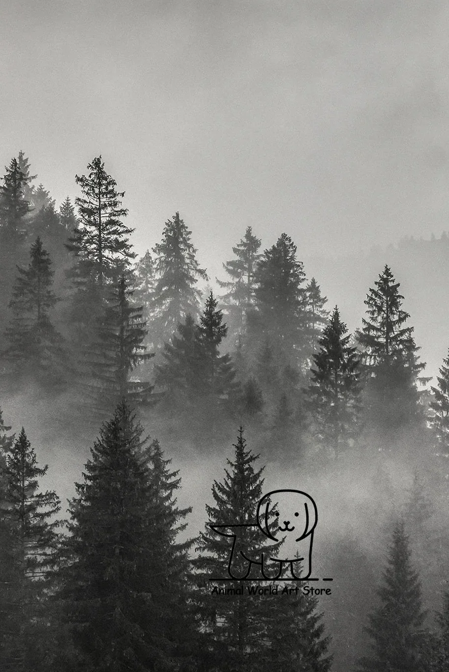 Mglisty las sosnowy w górach - plakat czarno-biały żółty