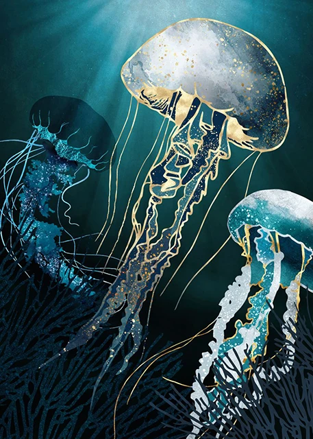 Plakat morskie zwierzęta meduza żółw Czarny