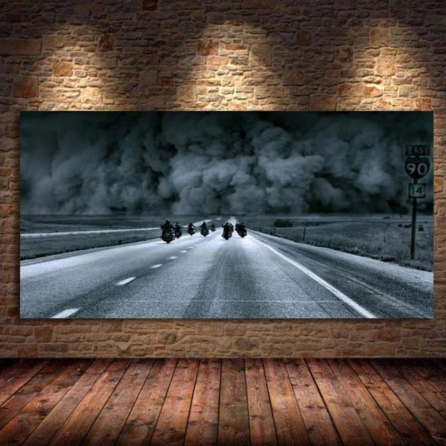 Plakat motocykl we mgle czarno-biały Czerwony